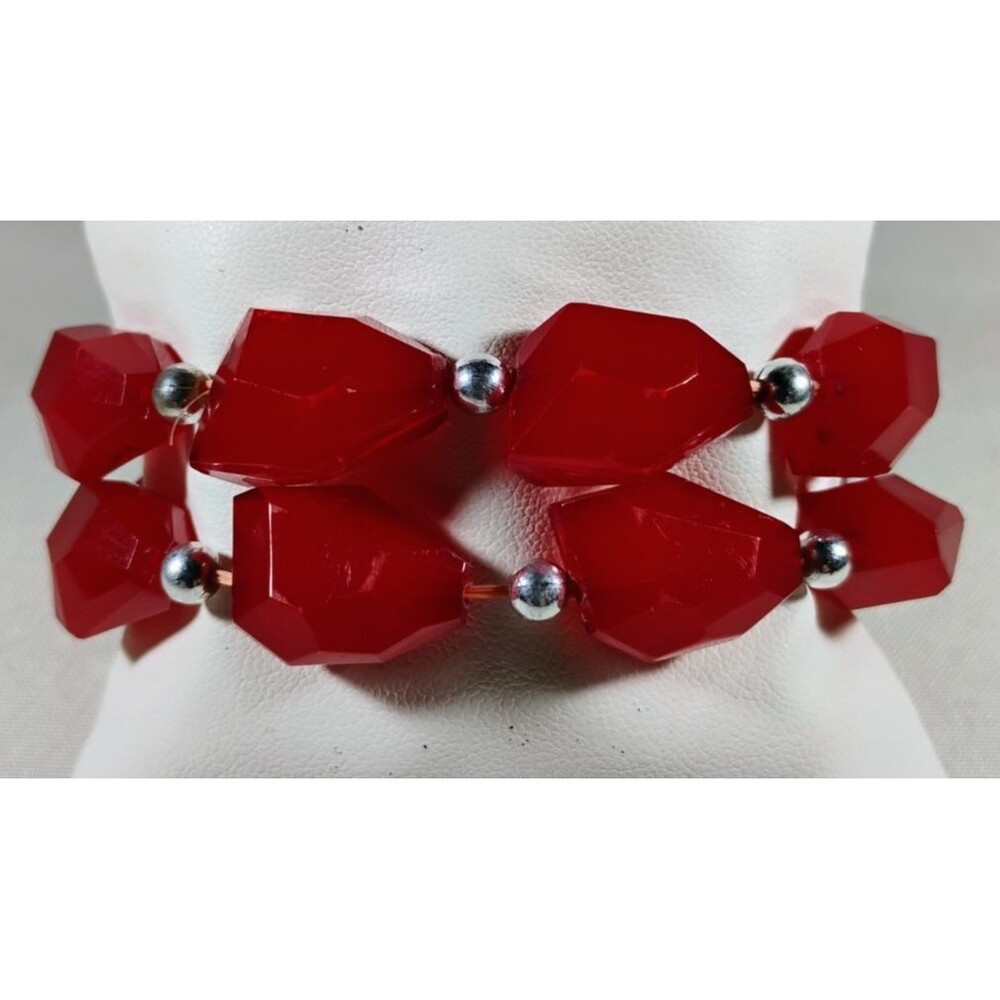 Vintage Pair of Chunky Red Stone Stretch Bracelets Vibrant Faceted Focal Beads